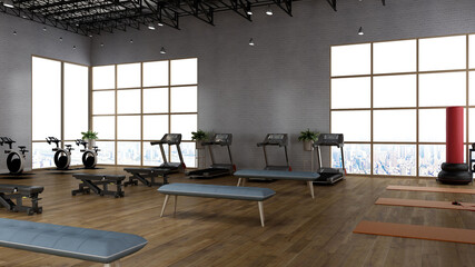 White blank wall in modern gym interior with wooden floor