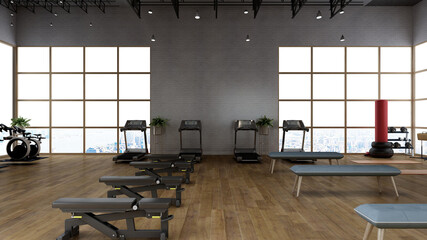 White blank wall in modern gym interior with wooden floor