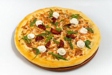 Pizza with salmon and cremette cheese on white on a white background