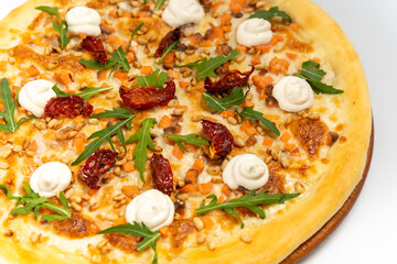 Pizza with salmon and cremette cheese on white top view on a white background close up
