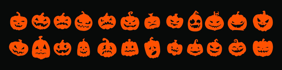 Big Set of Halloween pumpkin emoji vector icon illustration isolated on black background. EPS 10.