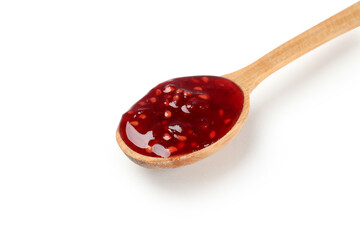 Spoon of raspberry jam isolated on white background