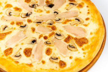 Pizza with chicken and mushrooms on a white background close up