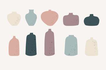 Collection ceramic vases. Isolated on beige background. Сeramic dishes for interior decoration. Illustration for restaurant menu, wrapping paper, post cards, advertising, packaging.