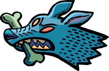 head of an angry dog holding a bone tightly