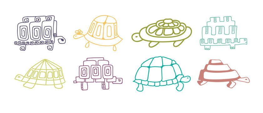 Set of vector illustrations of multicolored turtles. Decorative turtles are drawn with a line.