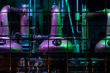 Copper stills for the production of irish Whiskey seen from the public aquare in Ardara, County...