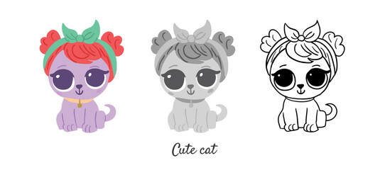 Vector set with cute cat character in colored style, black and white, outline isolated on white. Simple minimalistic cute cats in cartoon style perfect for coloring book. Cute kitty character