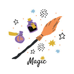 round illustration with flying broom, stars, potion bottles, elixirs, stars, dots and lettering. Broom, bottles with potion, stars, dots. Vector illustration, magic design - 463015794