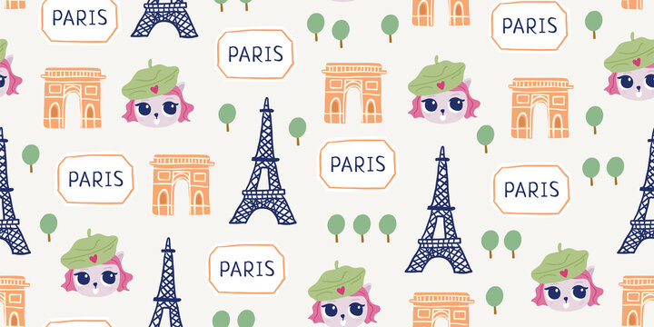 Cute vector seamless pattern with cat in Paris, urban streets. Cute romantic touristic pattern design