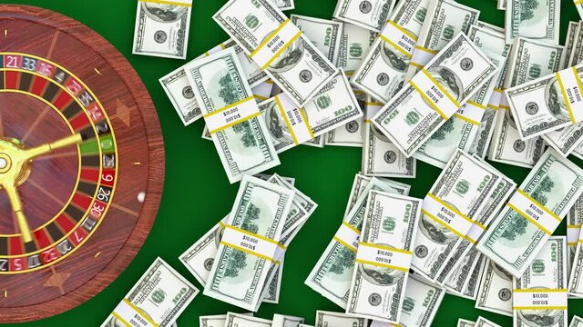 Roulette table in casino with money cash. It's a jackpot and big win or lucky addicted gambler place a bet. Roulette wheel is rotating and ball spinning around cells with black and red numbers, 3d.