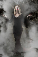 Fototapeta na wymiar Witch in black dress, Halloween concept, ideas for party, perfect lady in dark gothic clothes