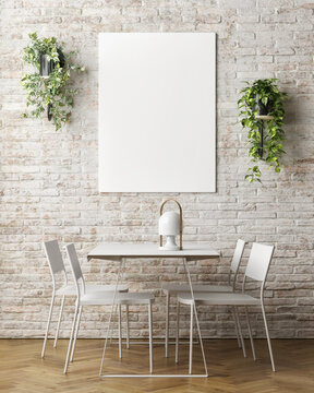 Dining room with mock-up poster on brick wall, 3d render, 3d illustration.