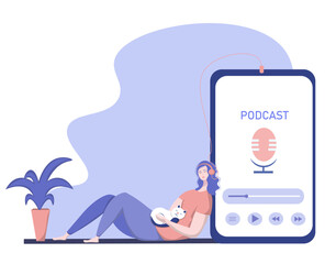 Podcast concept illustration. Webinar, online training, tutorial podcast concept. Young female listening to podcasting sitting on the floor of the house and stroking a cat. Vector illustration.