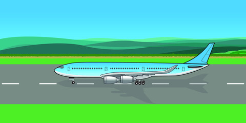 airplane side view in runway drawing in vector