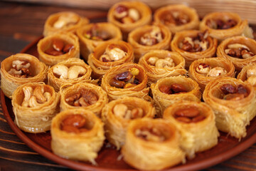 Turkish baklava dessert with honey, close up