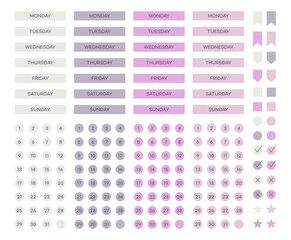 Set of digital sticker graphic illustrations for use in diaries, calendars, planners. - obrazy, fototapety, plakaty
