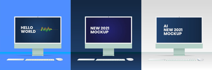 Realistic mockups of new iMac. Computer screen mockup. Apple iMac 2021. Mockup design on computer screen