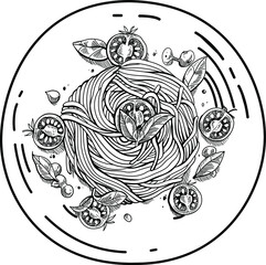 Black and white hand drawn illustration of a pasta. Spaghetti vector illustration.
