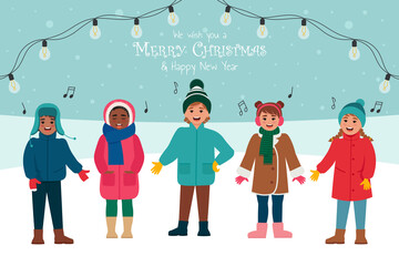 Сhildren singing Christmas carol song. Merry Christmas and Happy New Year greeting card or banner. Vector illustration in flat style