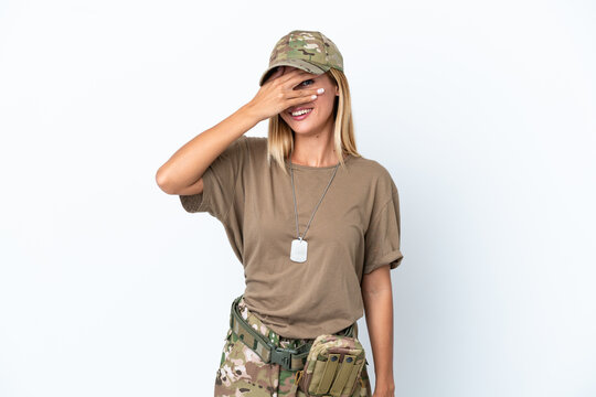Military Woman With Dog Tag Isolated On White Background Covering Eyes By Hands And Smiling
