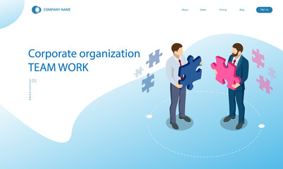 Isometric people connecting puzzle elements. Business teamwork, cooperation, partnership. Team work, team building, corporate organization. Puzzle teamwork.