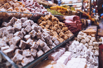 rows of Turkish delight sweets lined up in window