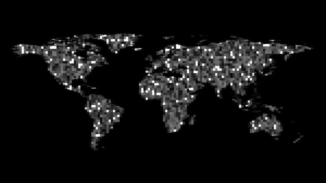 Black and White Pixelated World Map Video Background Animation on Black Background