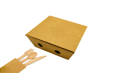 Recycling and eco friendly disposable kitchenware - spoon, fork , knife and paper box for takeaway or picnic  , zero waste concept , recycle product,