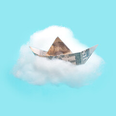 US dollar banknote created boat flying into white cloud. Minimal futuristic abstract banking system concept.