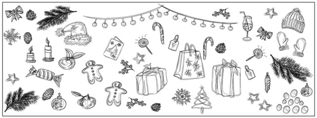 Christmas ginger bread, candles, lollipops, tree branches, tree toys, oranges, gifts. Merry Christmas and a Happy New Year design for banner, frame.  Isolated vector objects.