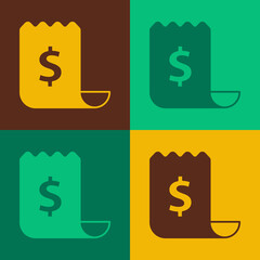 Pop art Paper check and financial check icon isolated on color background. Paper print check, shop receipt or bill. Vector