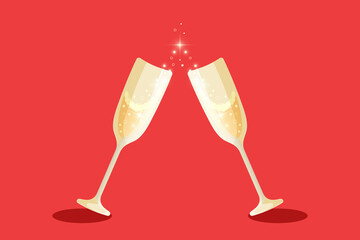 Clinking glasses of champagne on red backgroud. Hand drawn vector flat illustration. Bright, sparkling, festive, colorful design. Best for greetingcards, posters, prints and web design.