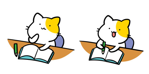 勉強するかわいいねこのキャラクターの手書き風イラスト