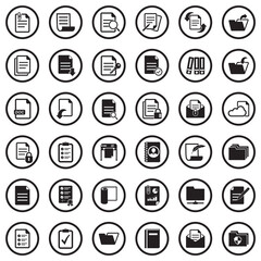 Documents Icons. Black Flat Design In Circle. Vector Illustration.