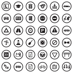 Driving School Icons. Black Flat Design In Circle. Vector Illustration.