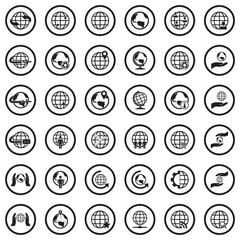 Earth Globe Icons. Black Flat Design In Circle. Vector Illustration.