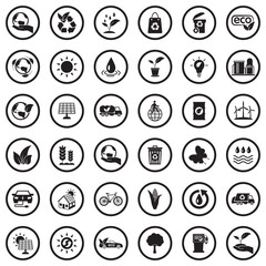 Ecology Icons. Black Flat Design In Circle. Vector Illustration.