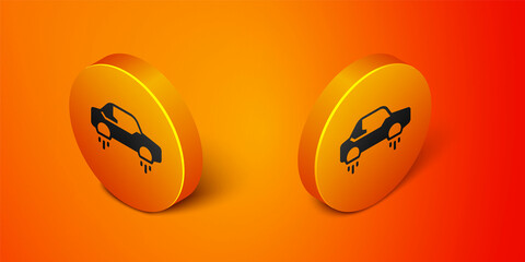 Isometric Fantastic flying car icon isolated on orange background. Hover car future technology future transport. Orange circle button. Vector