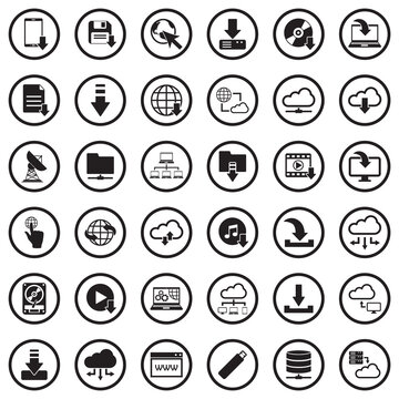 Download Icons. Black Flat Design In Circle. Vector Illustration.