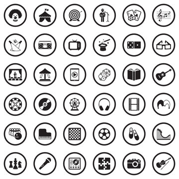 Entertainment Icons. Black Flat Design In Circle. Vector Illustration.