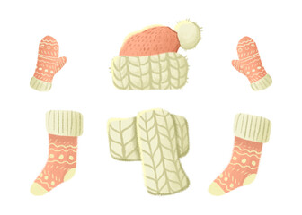 Winter warm clothes: hats and scarf. Hand-drawn illustration.