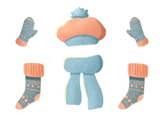 Winter warm clothes: hats and scarf. Hand-drawn illustration.