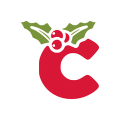 Red letter c with mistletoe, Christmas lettering vector clip art isolated on white background