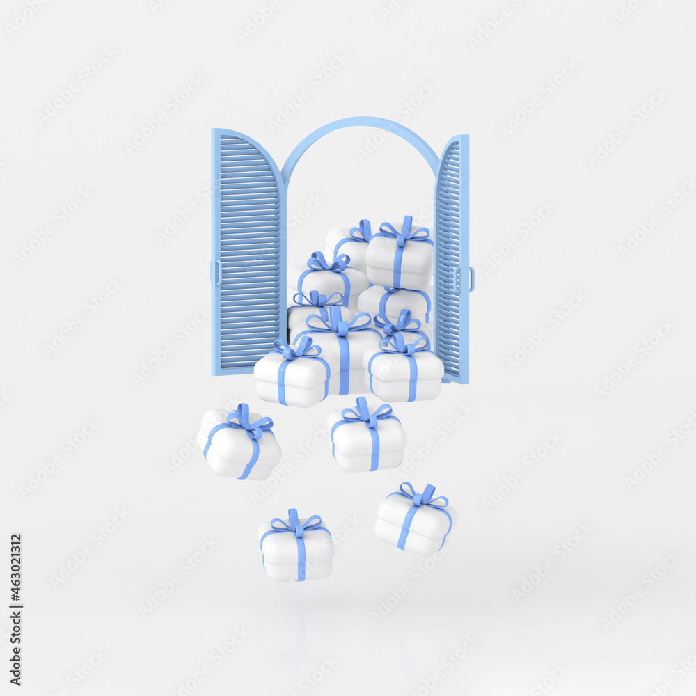 Poster 3d rendering of gift boxes and floating window. Minimal concept.