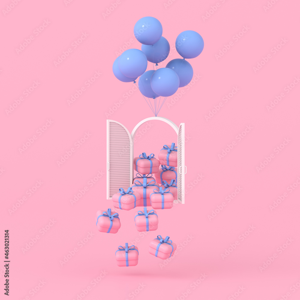 Poster 3d rendering of gift boxes and floating window and balloons. minimal concept.