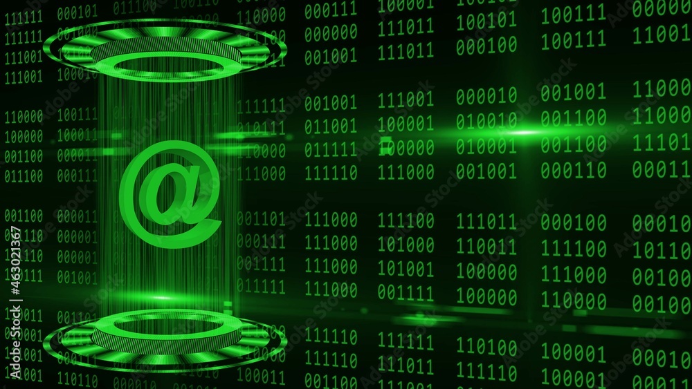 Poster abstract 3d graphic illustration on green binary code background - shining light beam in cylinder sh
