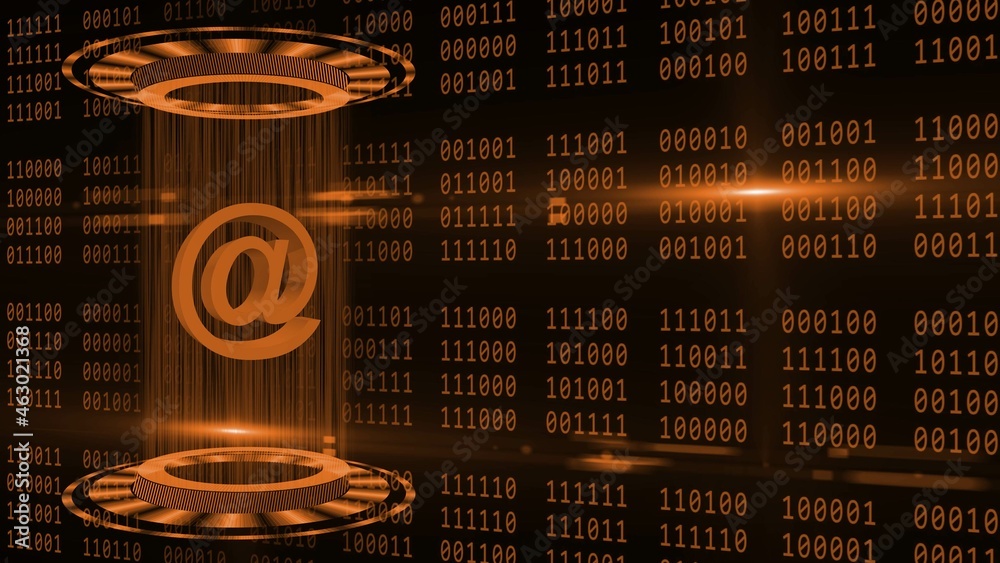 Poster abstract 3d graphic illustration on orange binary code background - shining light beam in cylinder s