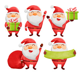 Set of christmas santa claus illustrations isolated on white. Watercolor santa claus christmas and new year character.