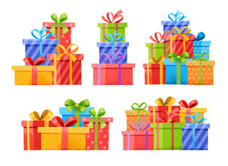 Set of gifts boxes isolated on white. Watercolor christmas and new year set with gift boxes.